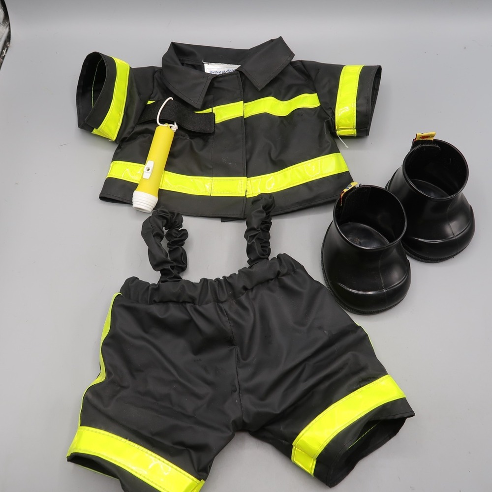 Build A Bear Fireman Fire Fighter Costume Outfit Black Yellow Suit with Boots